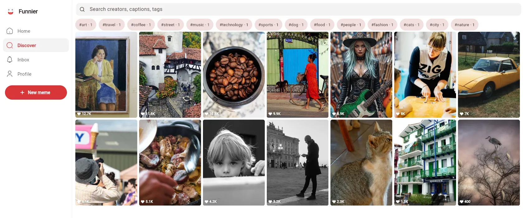 Discover in Funnier: a search field, a row of tags with how many memes carry each one, and a grid of memes with their like counts