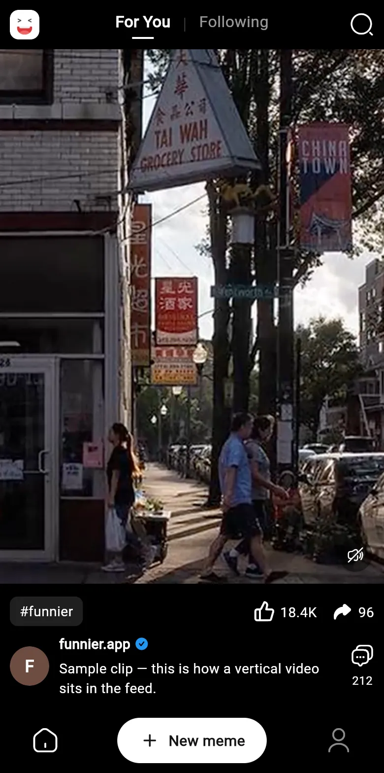 The Funnier feed on a phone, showing a vertical video with likes, comments and shares