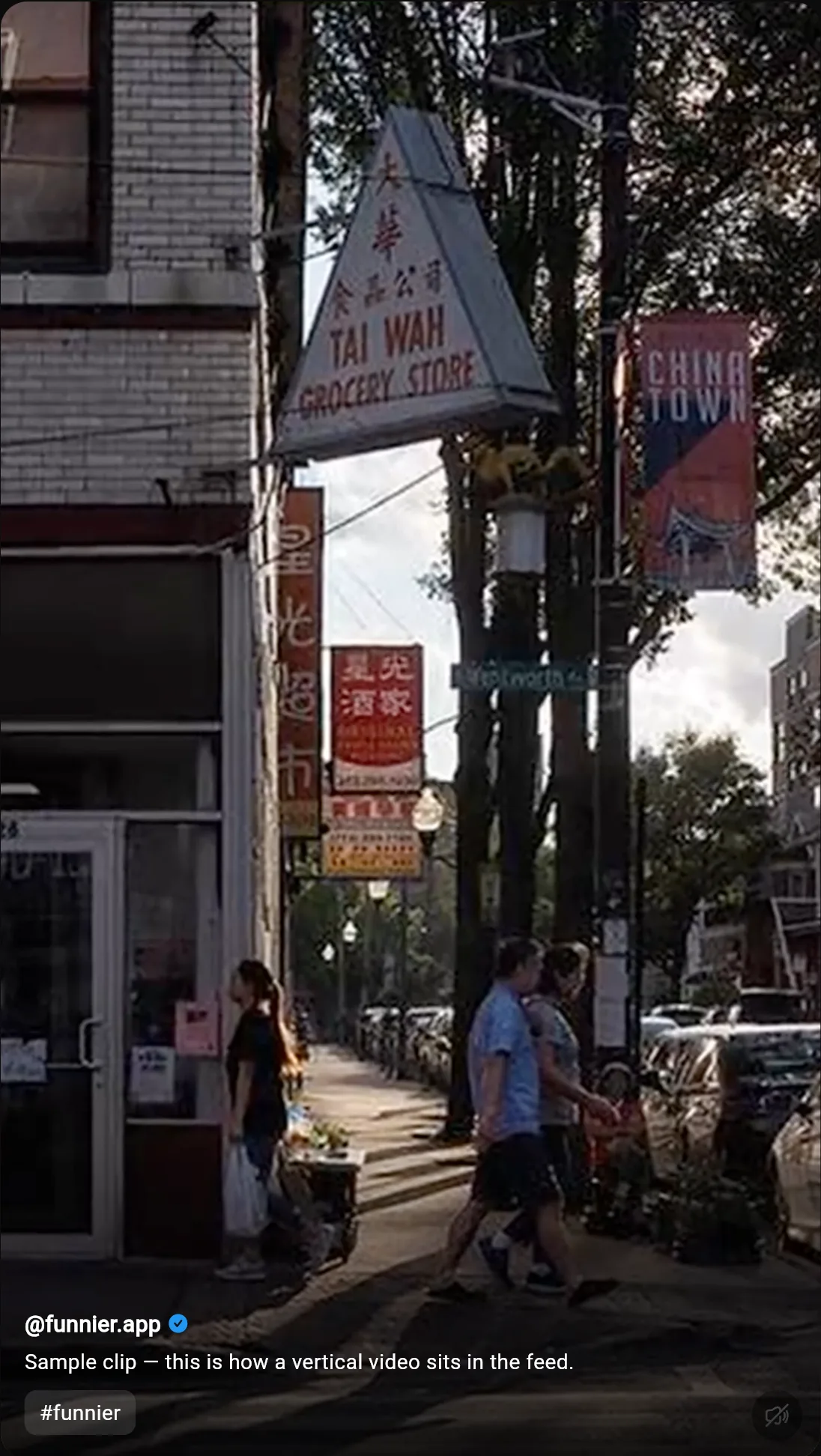 A vertical clip filling the Funnier feed, with the poster's handle, caption and tag over the bottom of it